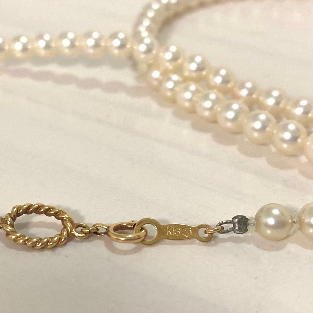 MIKIMOTO K18 gold long necklace with 5mm white pearls, 85cm length, displayed on a white background