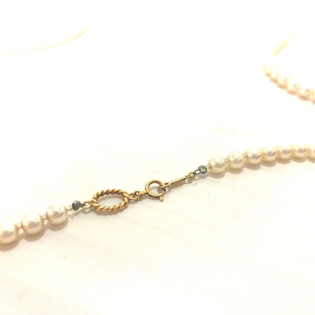 MIKIMOTO K18 gold long necklace with 5mm white pearls, 85cm length, displayed on a white background