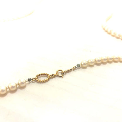 MIKIMOTO K18 gold long necklace with 5mm white pearls, 85cm length, displayed on a white background