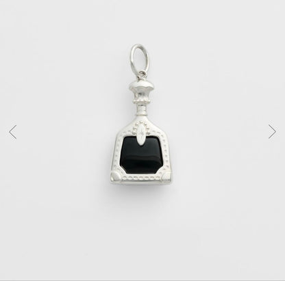 Agete necklace featuring labradorite and onyx stones with silver bottle-shaped pendant and charm