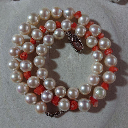 Akoya Pearl and Stone Necklace 62 with white pearls and light pink coral stone chips, 42.5 cm length