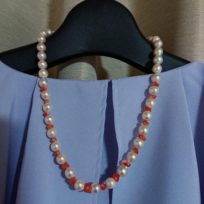 Akoya Pearl and Stone Necklace 62 with white pearls and light pink coral stone chips, 42.5 cm length