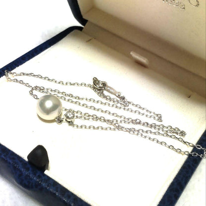 New Mikimoto Akoya Pearl and Diamond Pendant with 8.3 mm pearl and single diamond on 38 cm white gold chain