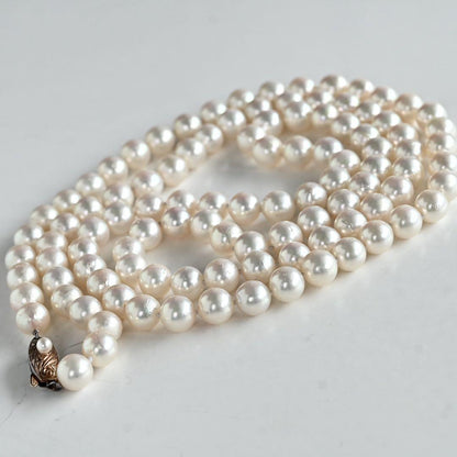 Tasaki K14 Akoya pearl necklace double strand with 7.7mm round pearls and K14 clasp