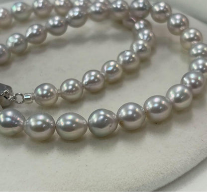 Ise-Shima Ago Bay Akoya pearl necklace with 7-8mm natural uncolored pearls on 41cm silver chain