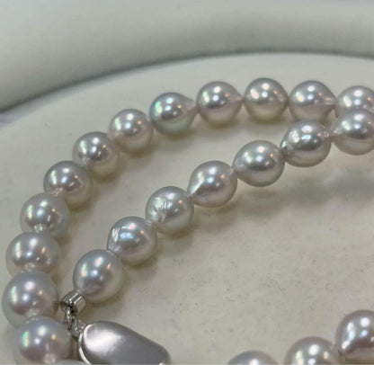 Ise-Shima Ago Bay Akoya pearl necklace with 7-8mm natural uncolored pearls on 41cm silver chain