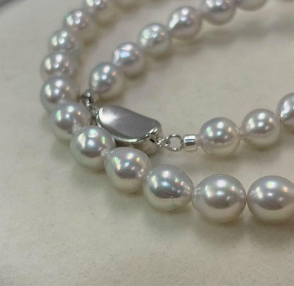 Ise-Shima Ago Bay Akoya pearl necklace with 7-8mm natural uncolored pearls on 41cm silver chain