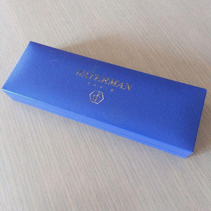Waterman black ballpoint pen with gold metal fittings and plastic body displayed with dedicated case