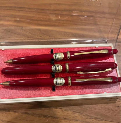 Pilot ballpoint pen mechanical pencil and fountain pen set in red and gold cracked case, showing wear and rust