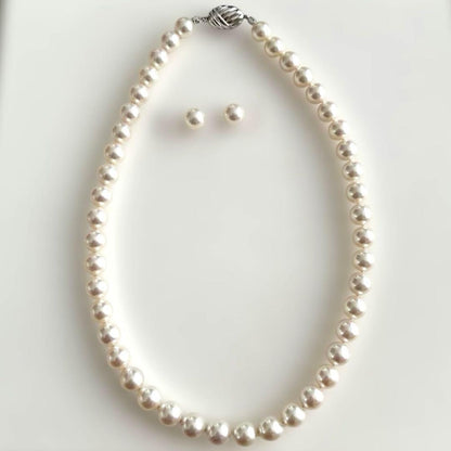 Akoya Pearl Hanadama necklace with 8.5 to 9mm pearls paired with K 14WG and silver earrings set