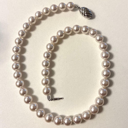 Akoya Pearl Hanadama necklace with 8.5 to 9mm pearls paired with K 14WG and silver earrings set
