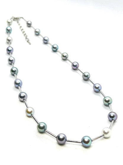 Akoya Pearls multi-color pearl station necklace with 6.5 to 7.4 mm pearls on a 42 to 47 cm chain