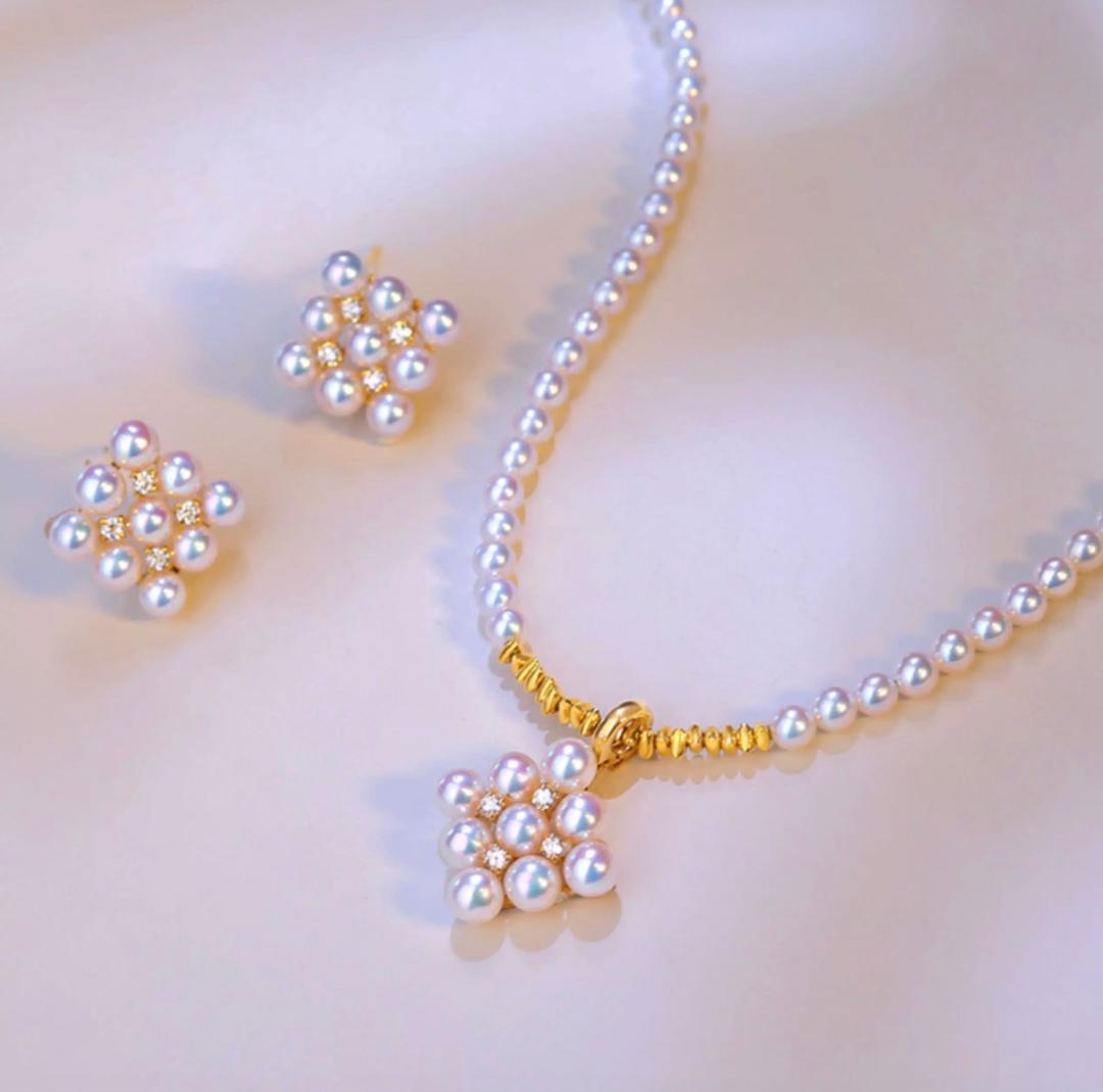 Law Akoya pearl pendant with square baby pearl and Vichy detail in 18K yellow gold, approximately 13mm size
