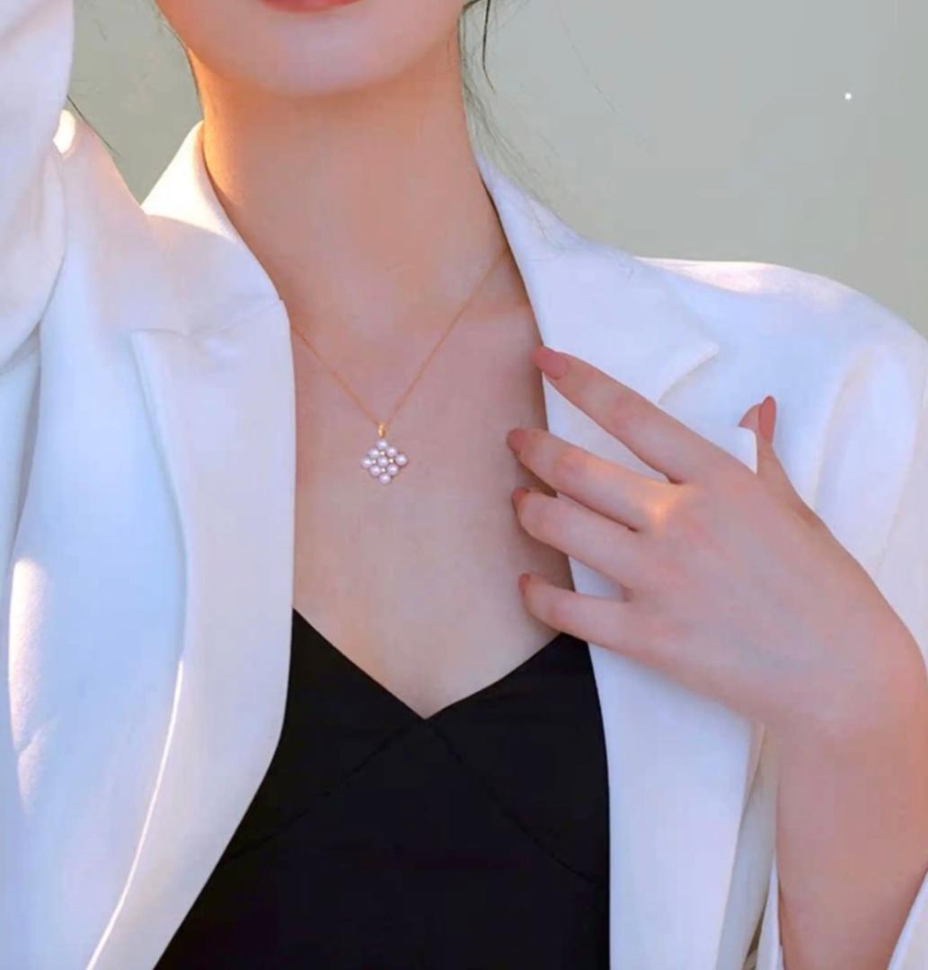 Law Akoya pearl pendant with square baby pearl and Vichy detail in 18K yellow gold, approximately 13mm size