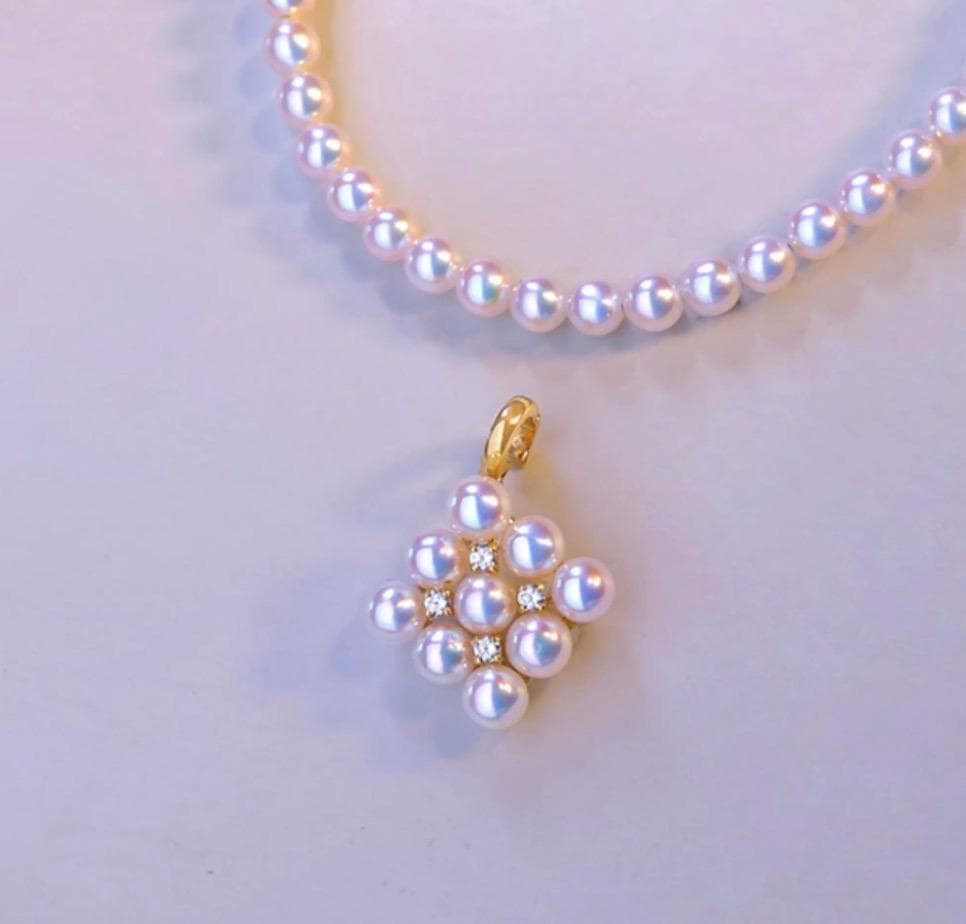 Law Akoya pearl pendant with square baby pearl and Vichy detail in 18K yellow gold, approximately 13mm size