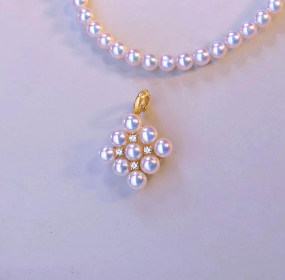 Law Akoya pearl pendant with square baby pearl and Vichy detail in 18K yellow gold, approximately 13mm size