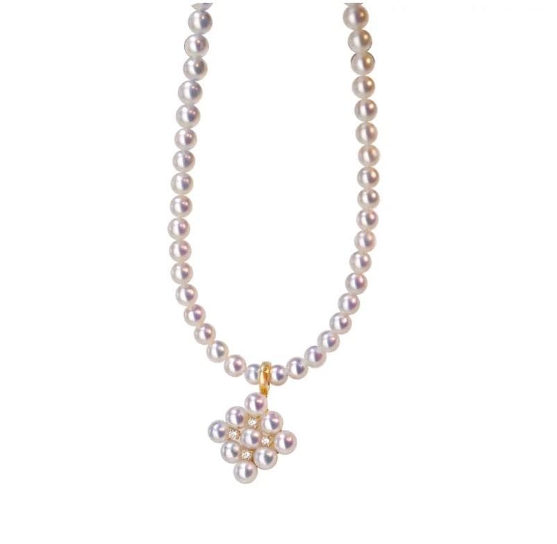 Law Akoya pearl pendant with square baby pearl and Vichy detail in 18K yellow gold, approximately 13mm size