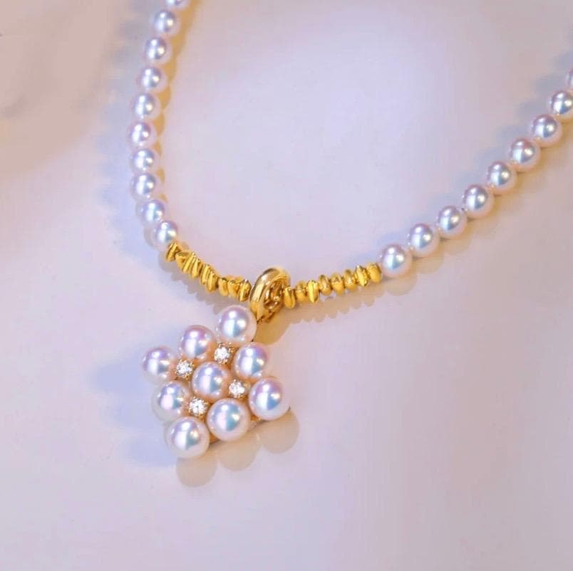 Law Akoya pearl pendant with square baby pearl and Vichy detail in 18K yellow gold, approximately 13mm size