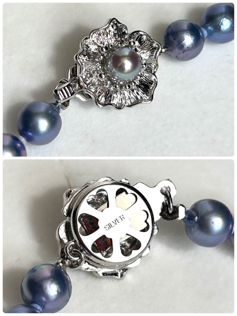9.5mm Akoya pearl necklace in sky blue with bright luster and silver metal fittings, 43.5cm long weighing 42g
