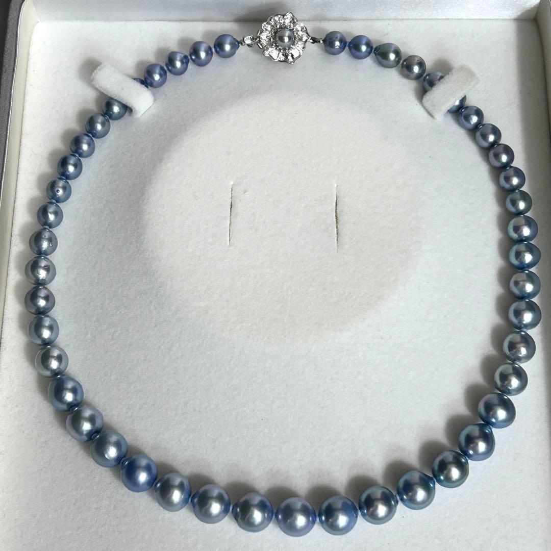 9.5mm Akoya pearl necklace in sky blue with bright luster and silver metal fittings, 43.5cm long weighing 42g
