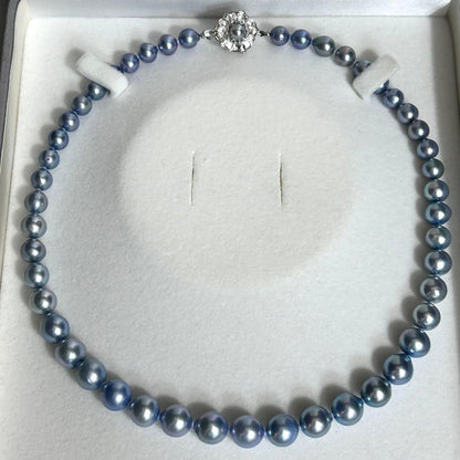 9.5mm Akoya pearl necklace in sky blue with bright luster and silver metal fittings, 43.5cm long weighing 42g
