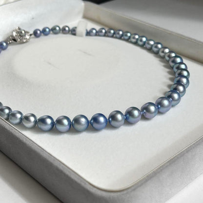 9.5mm Akoya pearl necklace in sky blue with bright luster and silver metal fittings, 43.5cm long weighing 42g