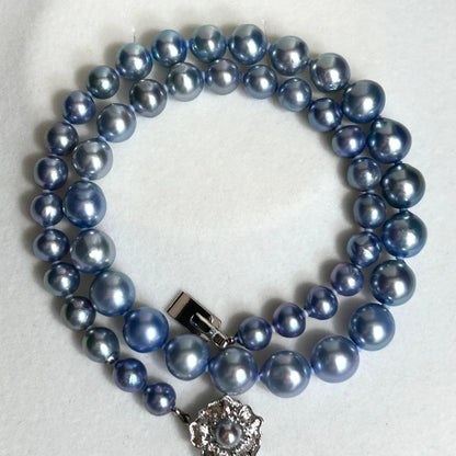 9.5mm Akoya pearl necklace in sky blue with bright luster and silver metal fittings, 43.5cm long weighing 42g