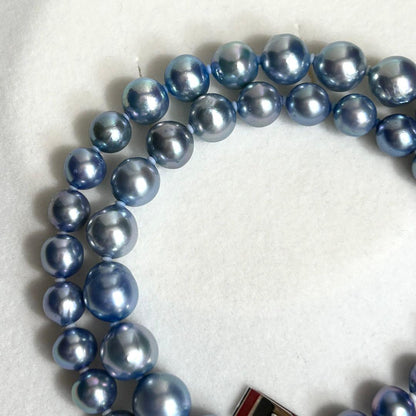 9.5mm Akoya pearl necklace in sky blue with bright luster and silver metal fittings, 43.5cm long weighing 42g