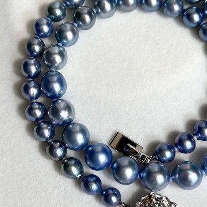 9.5mm Akoya pearl necklace in sky blue with bright luster and silver metal fittings, 43.5cm long weighing 42g