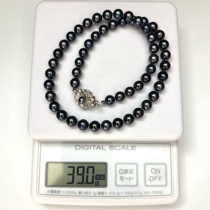 Large Akoya pearl necklace with peacock shine, pearls sized 7.5-8mm, 45cm length