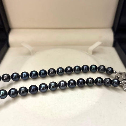 Large Akoya pearl necklace with peacock shine, pearls sized 7.5-8mm, 45cm length