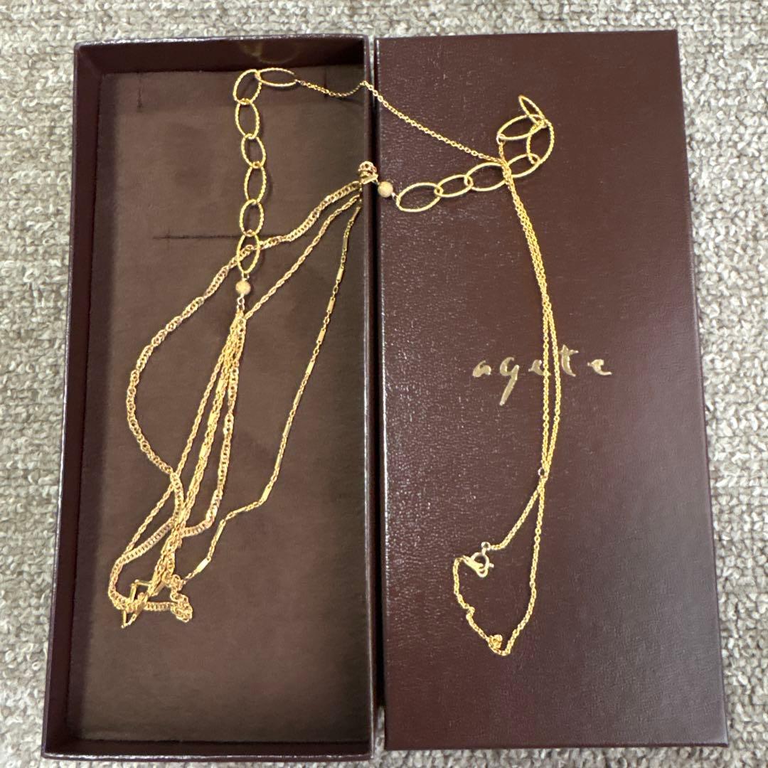 agete K14GF gold necklace with mixed chain layered design, 84 cm length