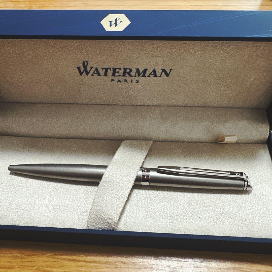 WATERMAN Metropolitan Essential Satin CT ballpoint pen in silver with included box on white background