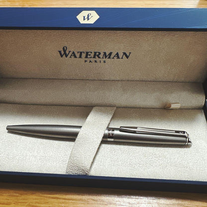 WATERMAN Metropolitan Essential Satin CT ballpoint pen in silver with included box on white background