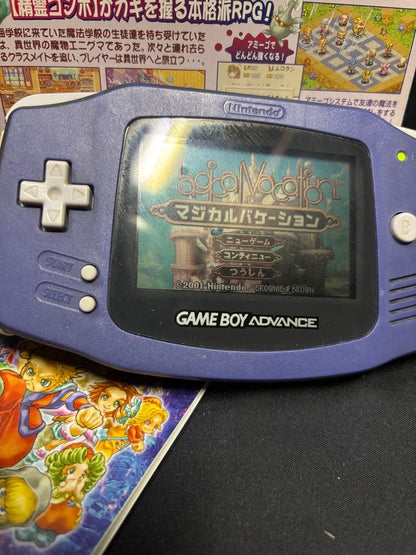 GBA Magical Vacation game cartridge, original box, and instruction manual for Nintendo Game Boy Advance