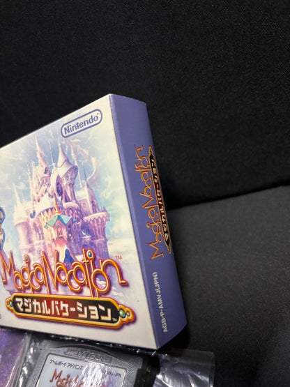 GBA Magical Vacation game cartridge, original box, and instruction manual for Nintendo Game Boy Advance