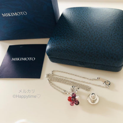 Mikimoto brooch and pendant necklace featuring Akoya pearl, carnelian, garnet stones on 40cm silver rhodium chain with box case
