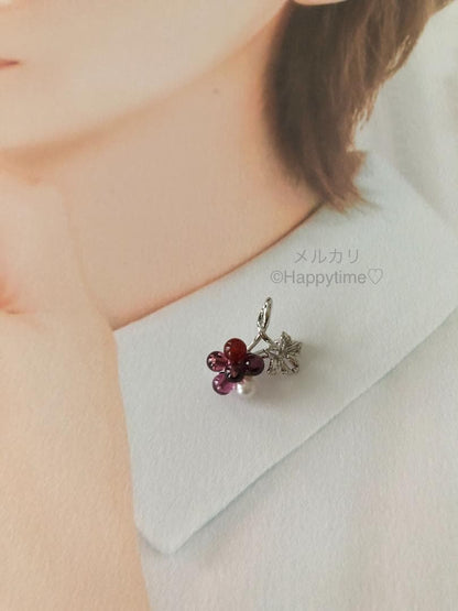 Mikimoto brooch and pendant necklace featuring Akoya pearl, carnelian, garnet stones on 40cm silver rhodium chain with box case