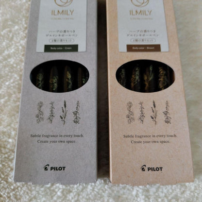 Two boxes of PILOT ILMILY herb scented ballpoint pens with used condition and slight packaging dents