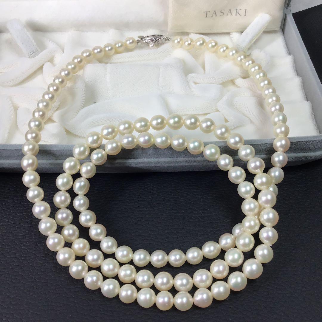 TASAKI Akoya long pearl necklace 84cm with 6.5-6.9mm white round pearls and pink green interference colors