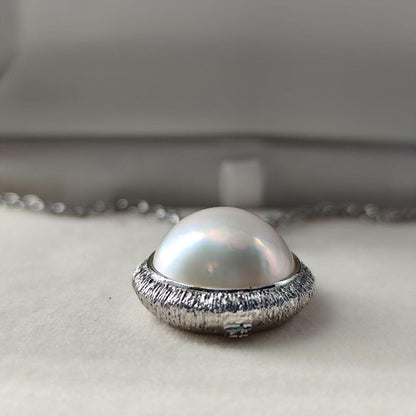 TASAKI Mabe Pearl Necklace with large 15mm iridescent pearl on silver chain