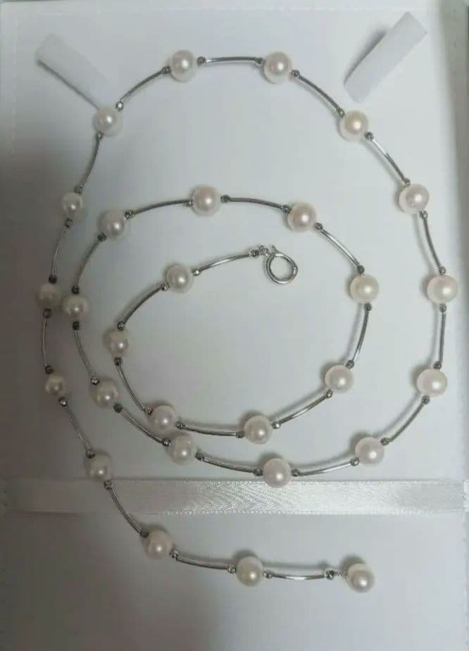 Akoya Pearl Long Station Necklace with 28 white pearls, 8mm each, 80cm length