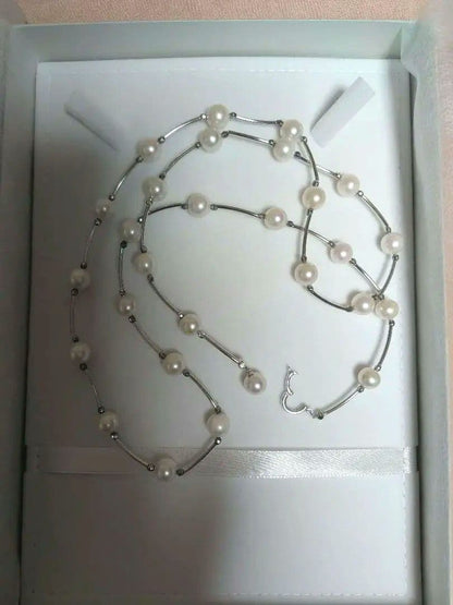 Akoya Pearl Long Station Necklace with 28 white pearls, 8mm each, 80cm length