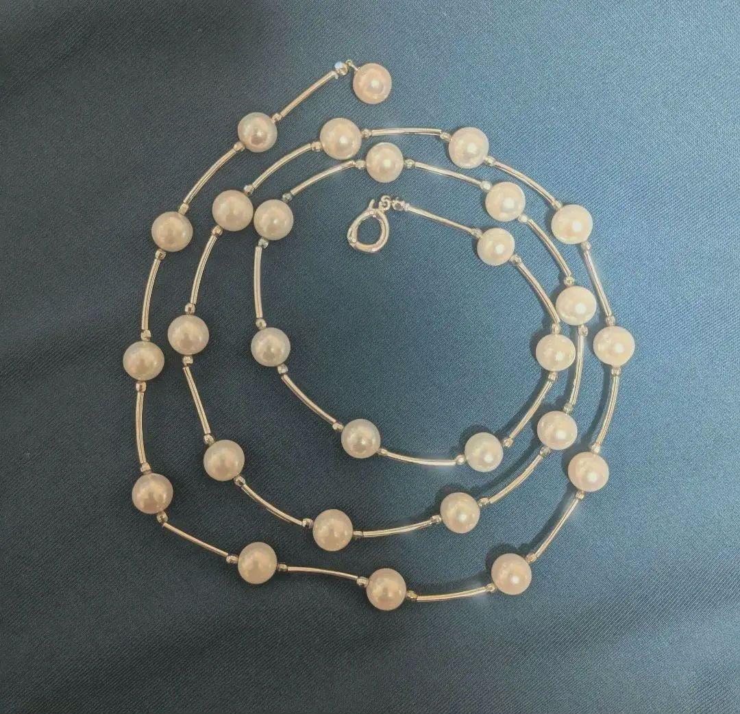 Akoya Pearl Long Station Necklace with 28 white pearls, 8mm each, 80cm length