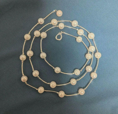 Akoya Pearl Long Station Necklace with 28 white pearls, 8mm each, 80cm length
