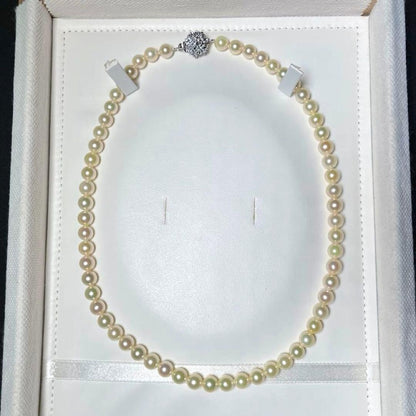 Aqua Pearl Necklace featuring round 6.5~7.0mm Akoya pearls on a 42cm silver chain, white color, elegant design