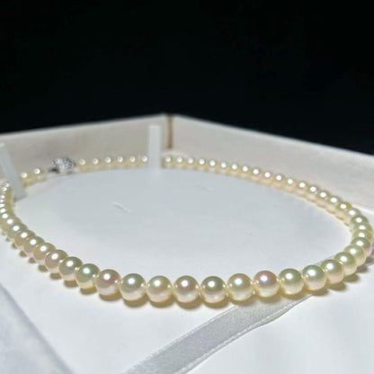Aqua Pearl Necklace featuring round 6.5~7.0mm Akoya pearls on a 42cm silver chain, white color, elegant design