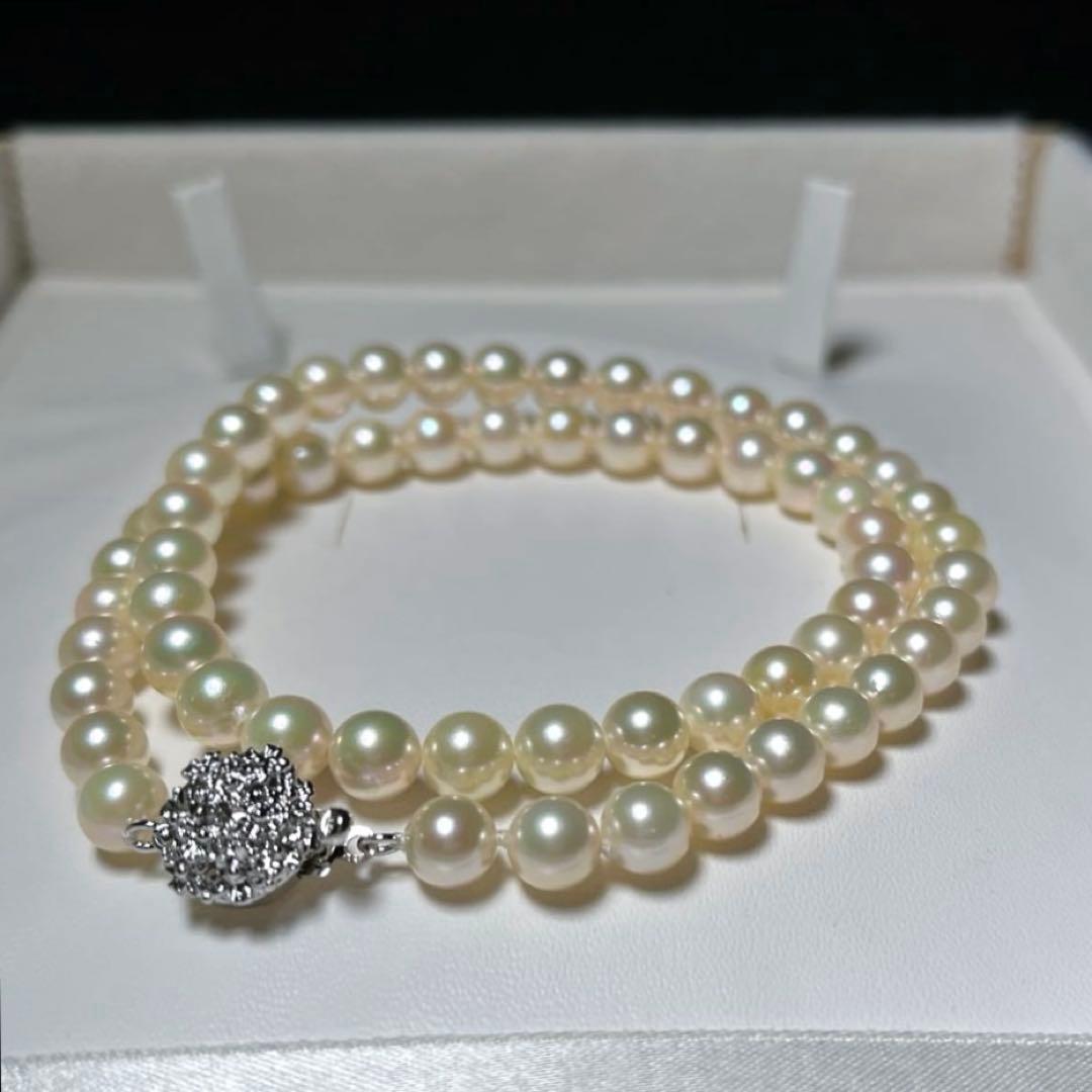 Aqua Pearl Necklace featuring round 6.5~7.0mm Akoya pearls on a 42cm silver chain, white color, elegant design