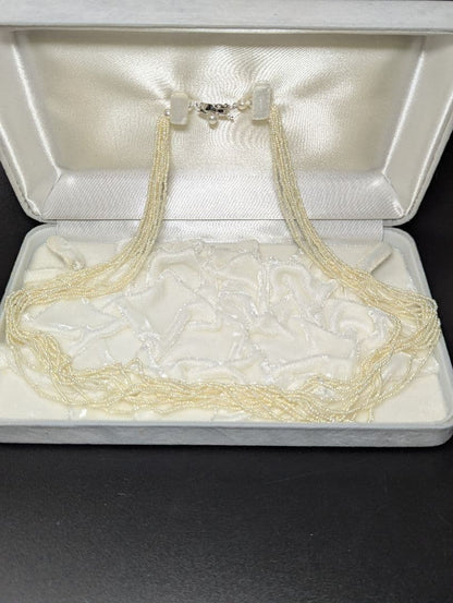 N105 K14WG 54cm 10-row Akoya pearls bead necklace with 1-2mm small sand pendulum pearls