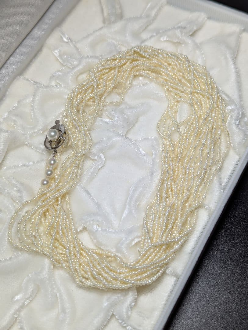 N105 K14WG 54cm 10-row Akoya pearls bead necklace with 1-2mm small sand pendulum pearls
